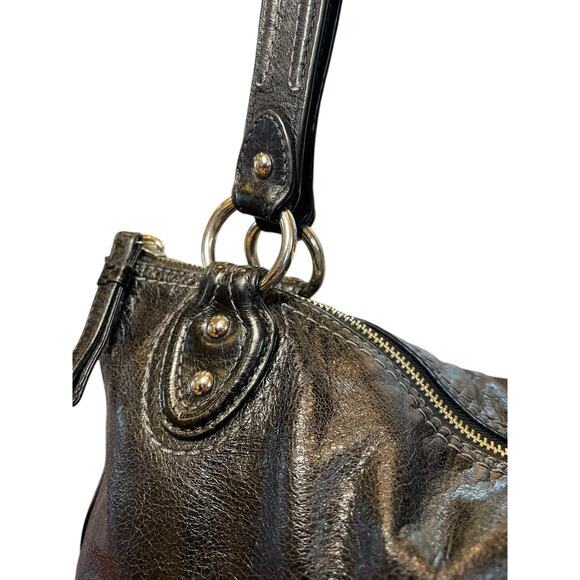 Coach, Black Camelia Distressed Leather Shoulder Bag, Silver  Coach Camelia Black Distressed Leather Shoulder Bag, Silver Hardware Teal Lining